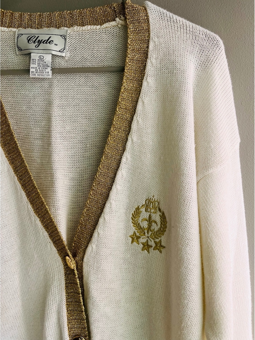 VTG Clyde Cream & Gold Knit Varsity Crest Cardigan Sweater Preppy Old Money - Picture 3 of 10